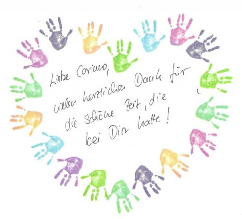 Karte von ehemaligen Eltern mit schönen Worten über Tagesmutter Corinna