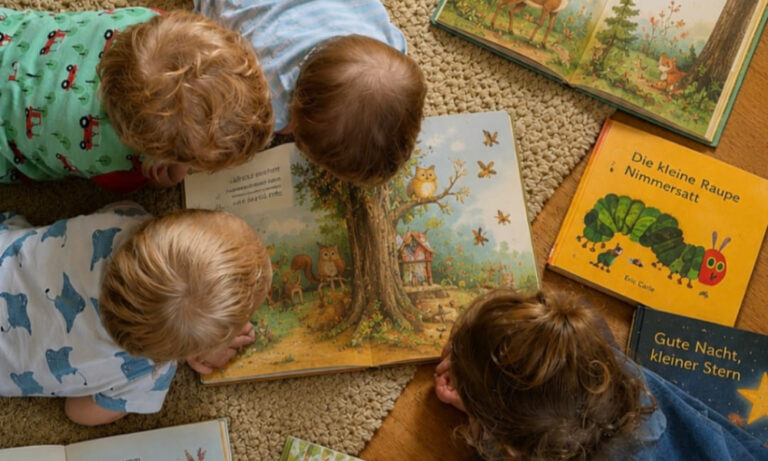 Kinder der Kindertagespflege schauen sich Bücher an